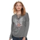 Juniors' About A Girl Vivre Libre Eagle Lace-up Tee, Size: Medium, Grey (charcoal)