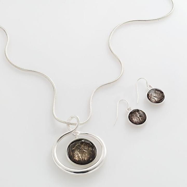 Silver-tone Circle Pendant And Drop Earring Set, Women's, Black