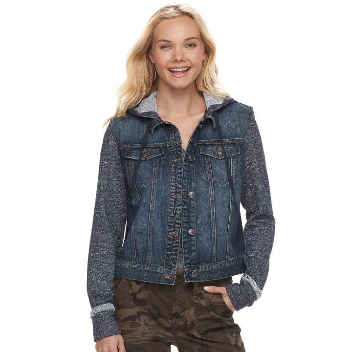 Juniors' Mudd&reg; Knit Sleeve Denim Jacket, Teens, Size: Small, Dark Blue