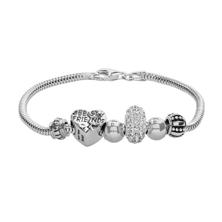 Individuality Beads Crystal Sterling Silver Snake Chain Bracelet & Best Friends Heart Bead Set, Women's, Size: 7.5, White
