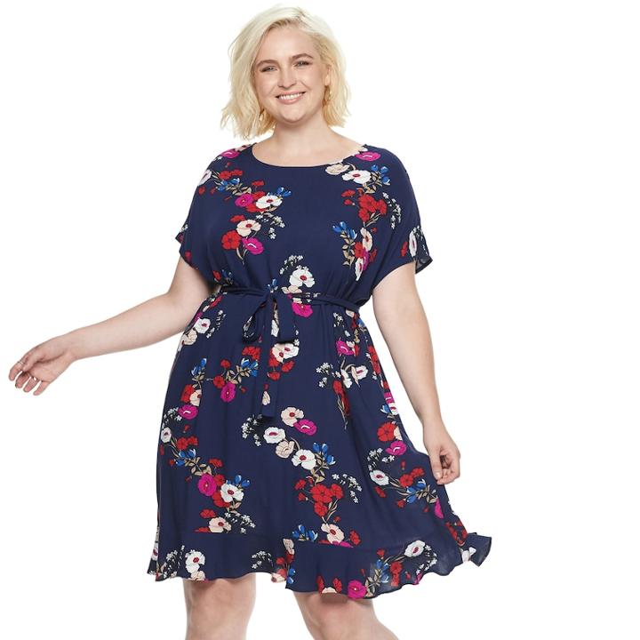 Plus Size Popsugar Print Tie-waist Dress, Women's, Size: 3xl, Blue (navy)