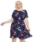 Plus Size Popsugar Print Tie-waist Dress, Women's, Size: 3xl, Blue (navy)