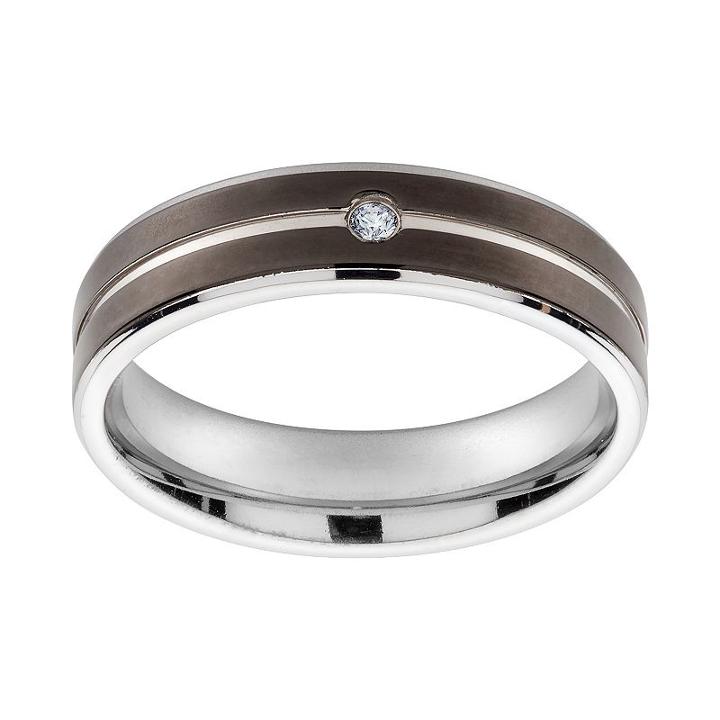 Cubic Zirconia Black Ion-plated Titanium And Titanium Band - Men, Size: 9, White