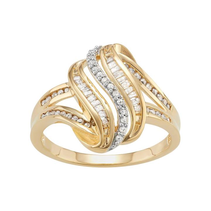 14k Gold Over Silver 1/3 Carat T.w. Diamond Wave Ring, Women's, Size: 6, White