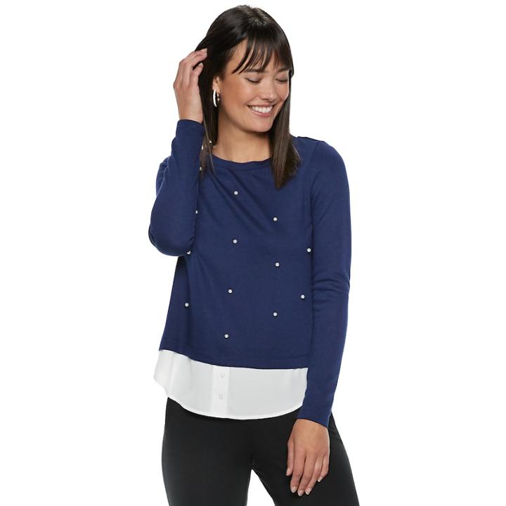 Women's Elle&trade; Embellished Mock-layer Top, Size: Medium, Blue (navy)