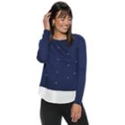 Women's Elle&trade; Embellished Mock-layer Top, Size: Medium, Blue (navy)