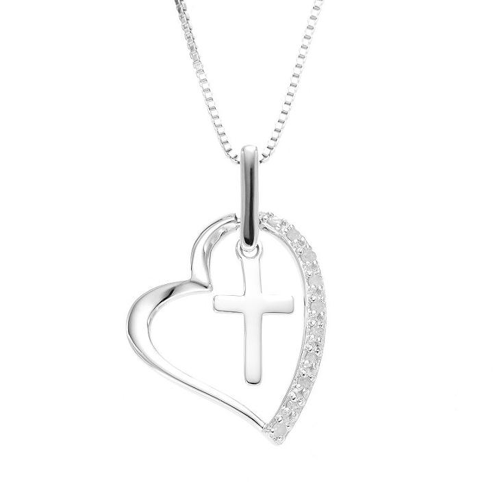 Diamond Classics Sterling Silver 1/10 Carat T.w. Cross & Heart Pendant, Women's, Size: 18, White