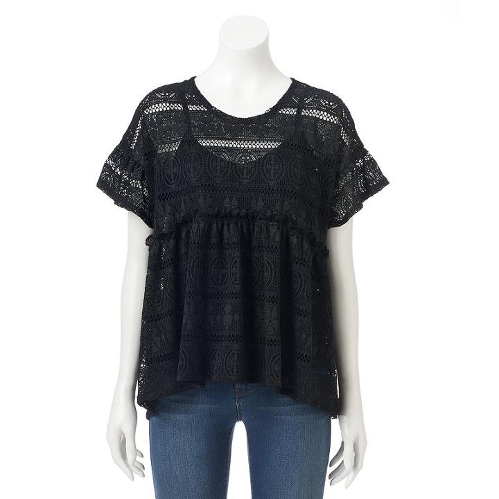 Women's Lc Lauren Conrad Crochet Ruffle Top, Size: Medium, Black
