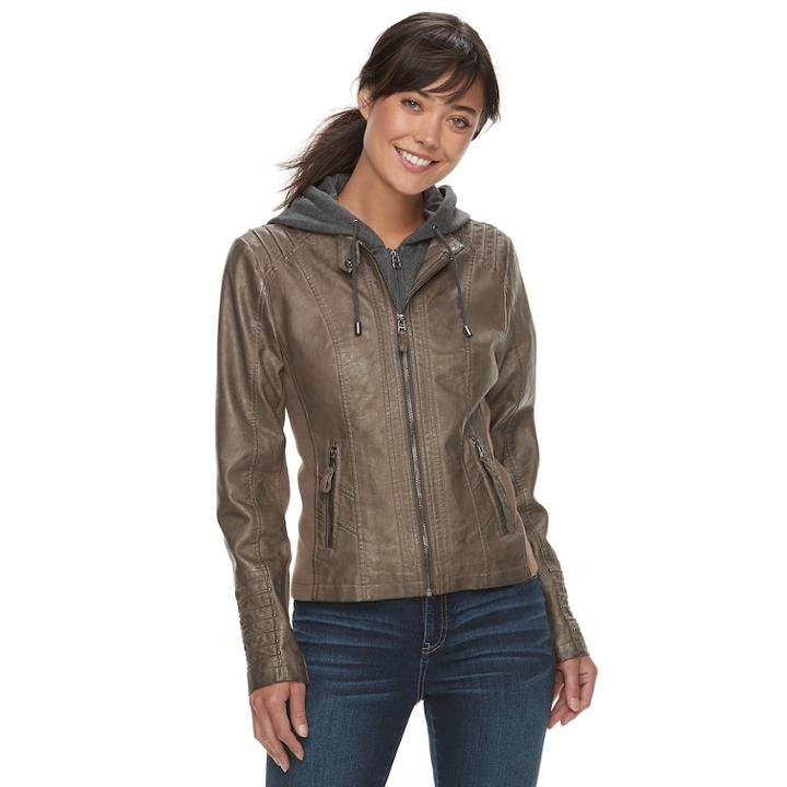 Women's Sebby Collection Hooded Faux-leather Jacket, Size: Large, Dark Beige