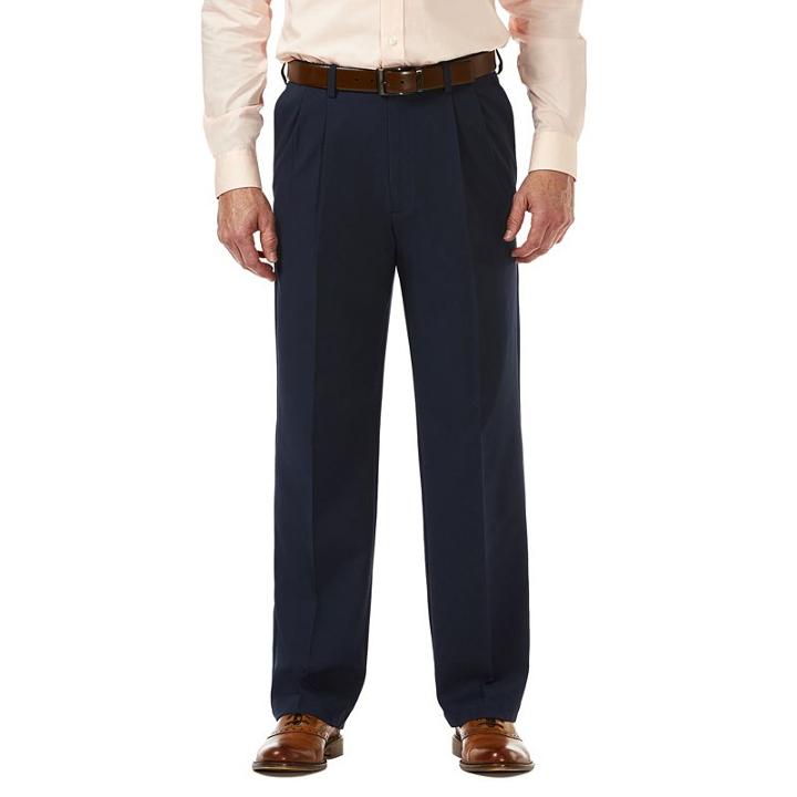 Men's Haggar&reg; Cool 18&reg; Pro Classic-fit Wrinkle-free Pleated Expandable Waist Pants, Size: 42x30, Blue (navy)