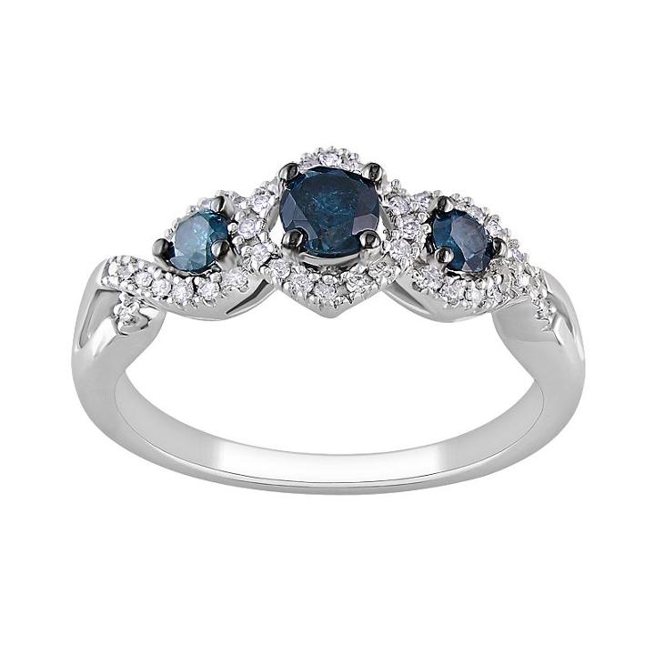 Round-cut Blue & White Diamond 3-stone Engagement Ring In 14k White Gold (1/2 Ct. T.w.), Women's, Size: 6