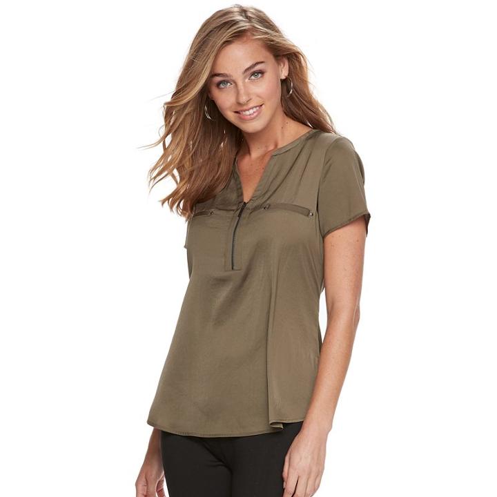 Women's Apt. 9® Zipper-neck Crepe Top, Size: Large, Green