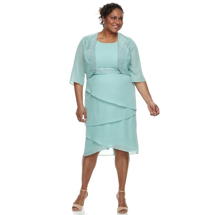 Plus Size Le Bos Tiered Georgette Evening Gown & Jacket Set, Women's, Size: 18 W, Med Blue