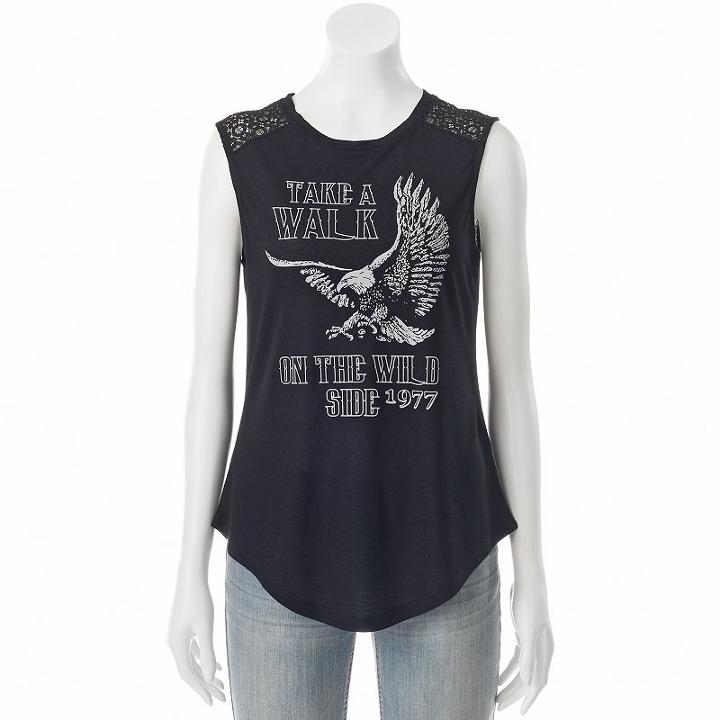 Juniors' Walk On The Wild Side Crochet Back Graphic Tank, Girl's, Size: Large, Black