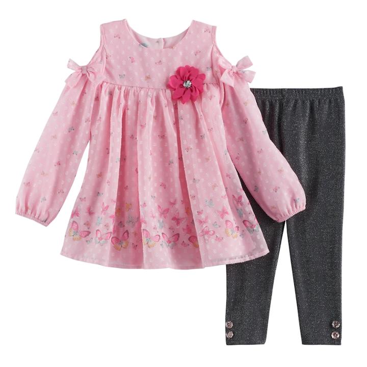 Toddler Girl Nannette Butterfly Cold-shoulder Top & Lurex Leggings Set, Size: 4t, Pink