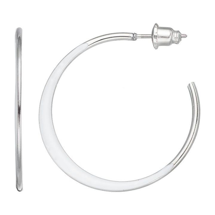 White Enamel Nickel Free Flat Hoop Earrings, Women's, Natural