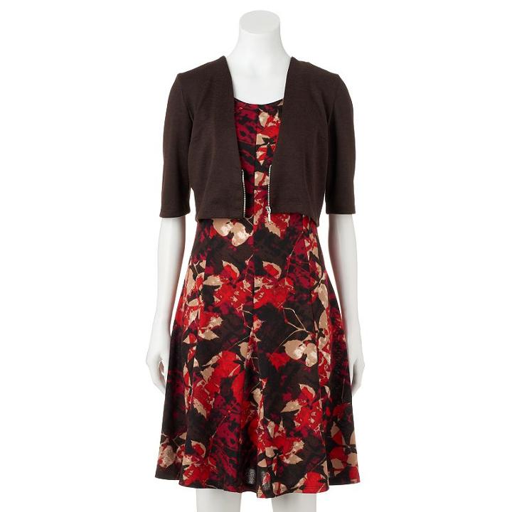 Women's Perceptions Abstract Floral Dress & Shrug Set, Size: 16, Dark Brown