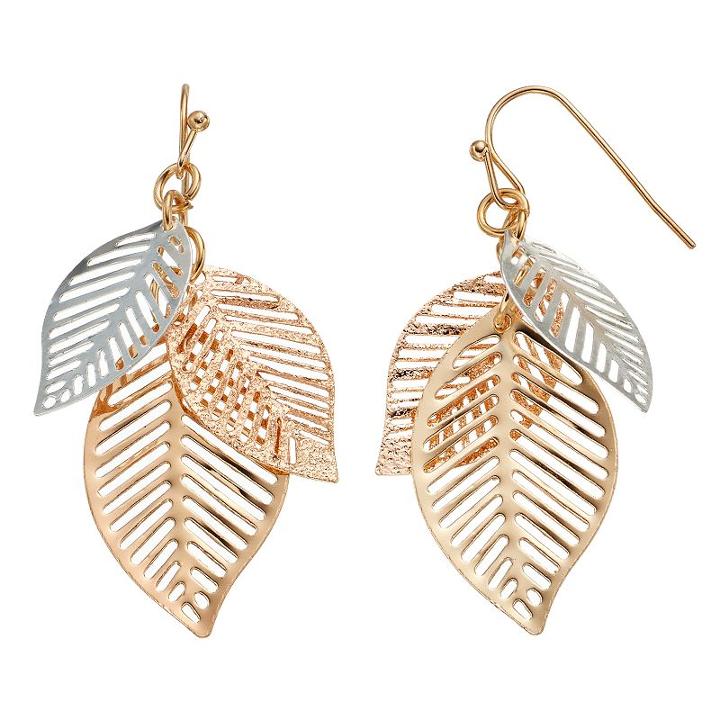 Tri Tone Leaf Cluster Drop Earrings, Women's, Multicolor