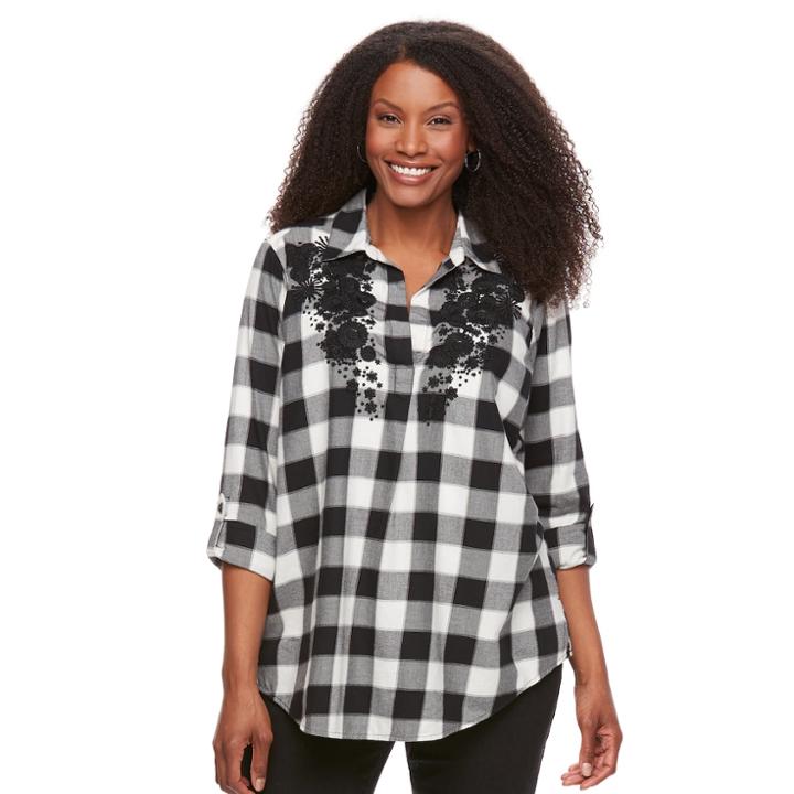Plus Size Sonoma Goods For Life&trade; Embroidered Plaid Flannel Top, Women's, Size: 3xl, Black