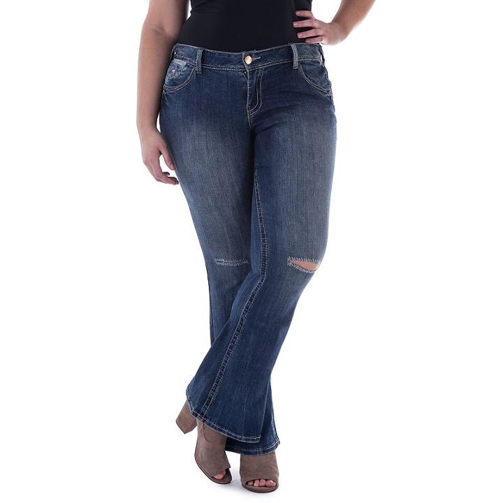 Juniors' Plus Size Amethyst Ripped Flare-leg Jeans, Girl's, Size: 14 W, Dark Blue