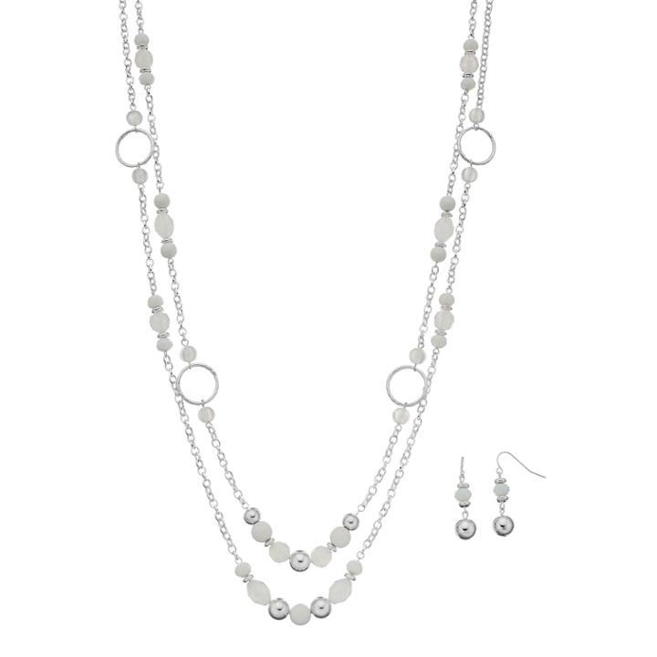White Bead Multi Strand Necklace & Drop Earring Set, Women's