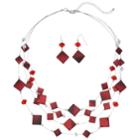 Red Nickel Free Multi Strand Necklace & Drop Earring Set, Women's