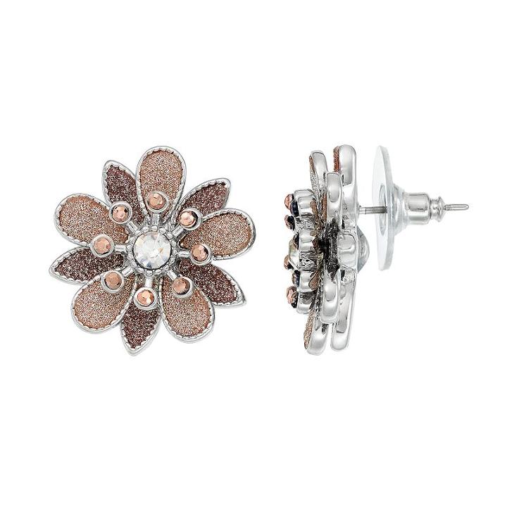 Glittery Tiered Flower Stud Earrings, Women's, Dark Pink