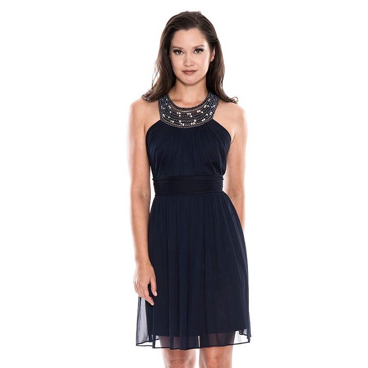 Women's 1 By 8 Beaded Halter Fit & Flare Dress, Size: 12, Blue (navy)
