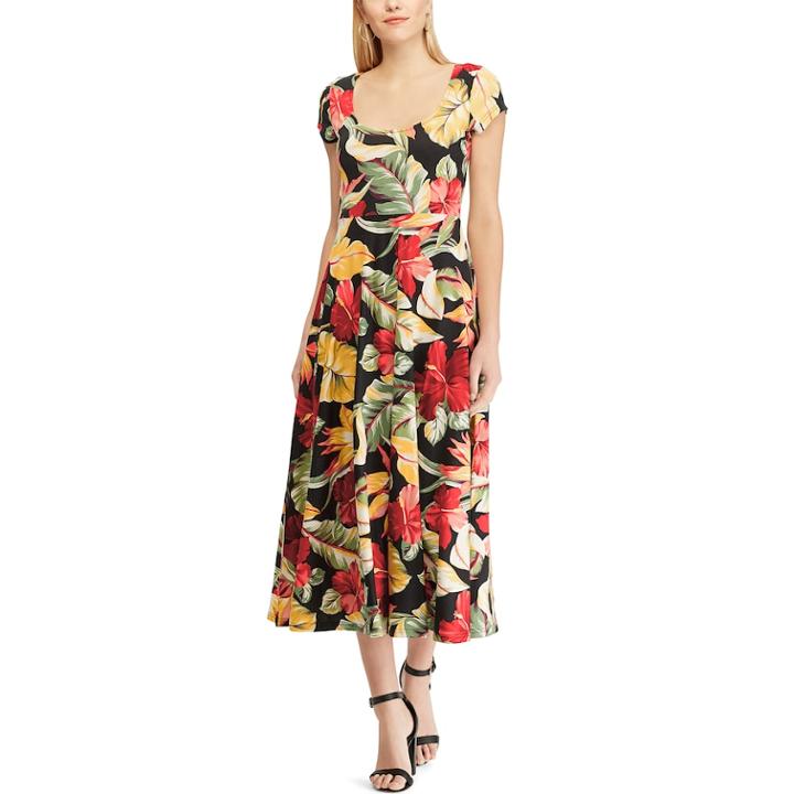 Women's Chaps Tropical Fit & Flare Midi Dress, Size: Small, Black