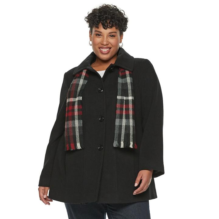 Plus Size Tower By London Fog Wool Blend Jacket & Scarf Set, Women's, Size: 1xl, Black