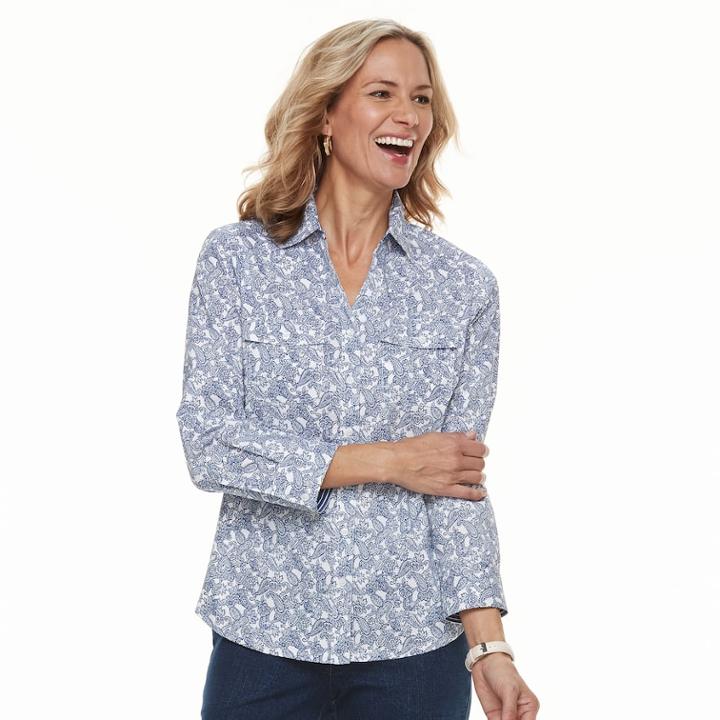 Women's Croft & Barrow&reg; Paisley Knit-to-fit Roll-tab Shirt, Size: Small, Med Blue