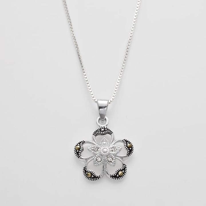 Silver Plated Marcasite And Crystal Flower Pendant, Women's, Size: 18, Black