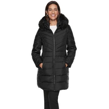 Women's Tower By London Fog Faux-leather Trim Puffer Jacket, Size: Large, Black
