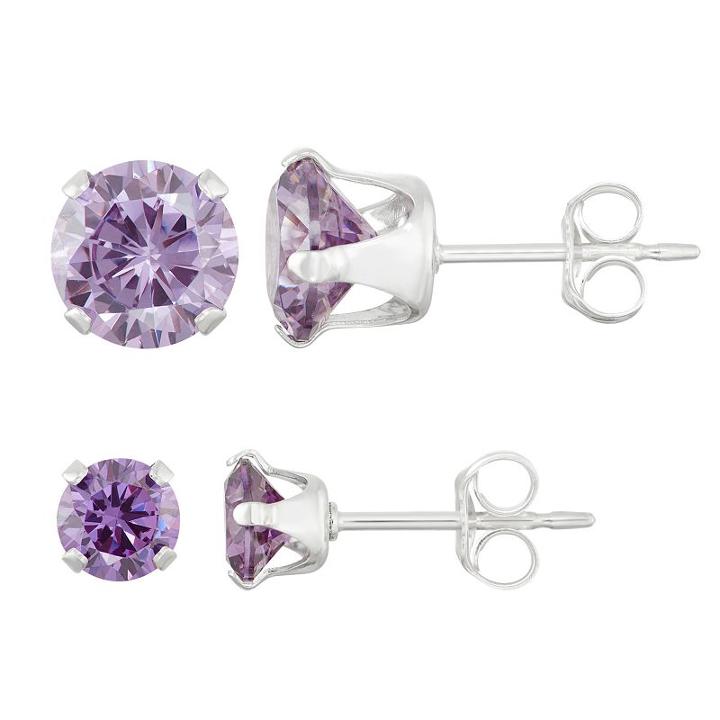 Journee Collection Sterling Silver Birthstone Cubic Zirconia Stud Earring Set, Women's, Purple