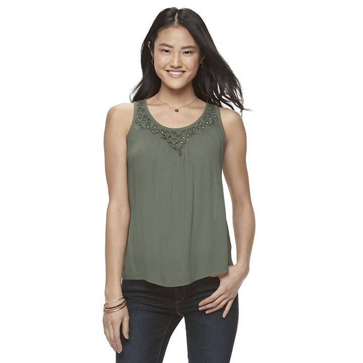 Juniors' Mudd&reg; Embroidered Yoke Tank, Girl's, Size: Medium, Med Green