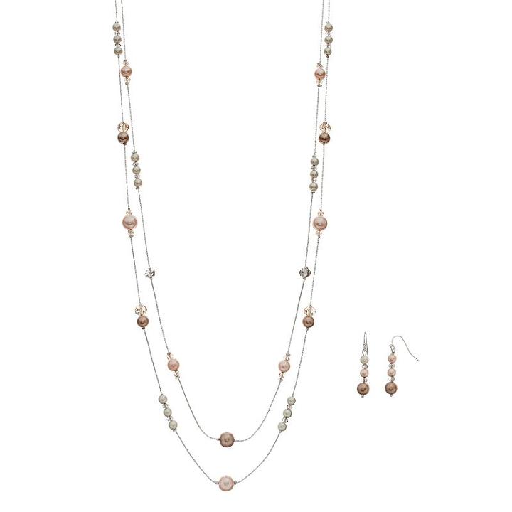Long Simulated Pearl Double Strand Necklace & Linear Drop Earring Set, Women's, Multicolor