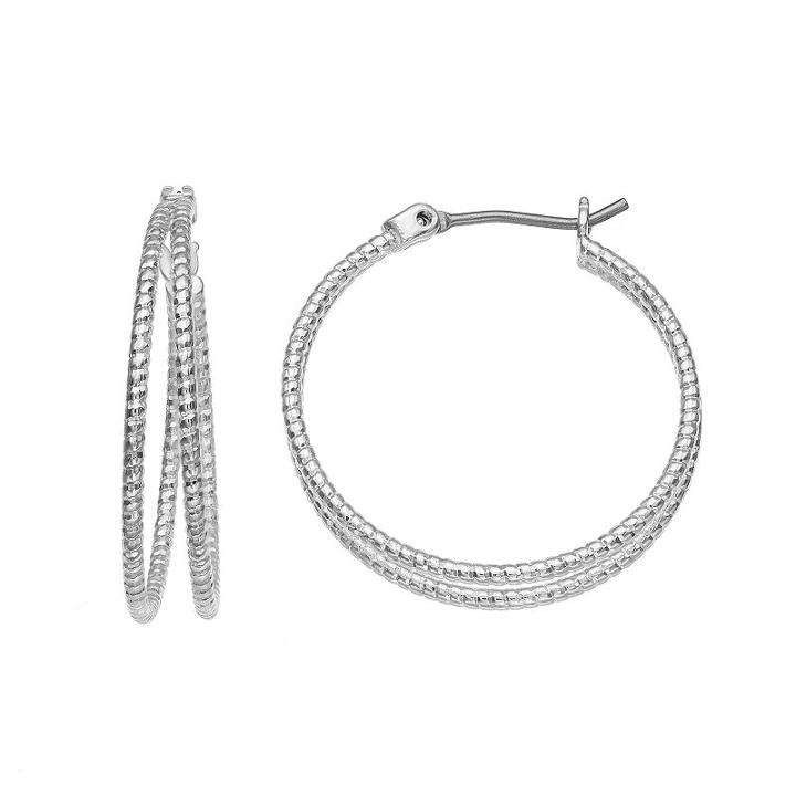 Textured Nickel Free Double Hoop Earrings, Women's, Silver