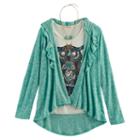 Girls 7-16 Self Esteem Ruffled Cardigan & Foil Graphic Tank Top With Necklace, Size: Medium, Turquoise/blue (turq/aqua)