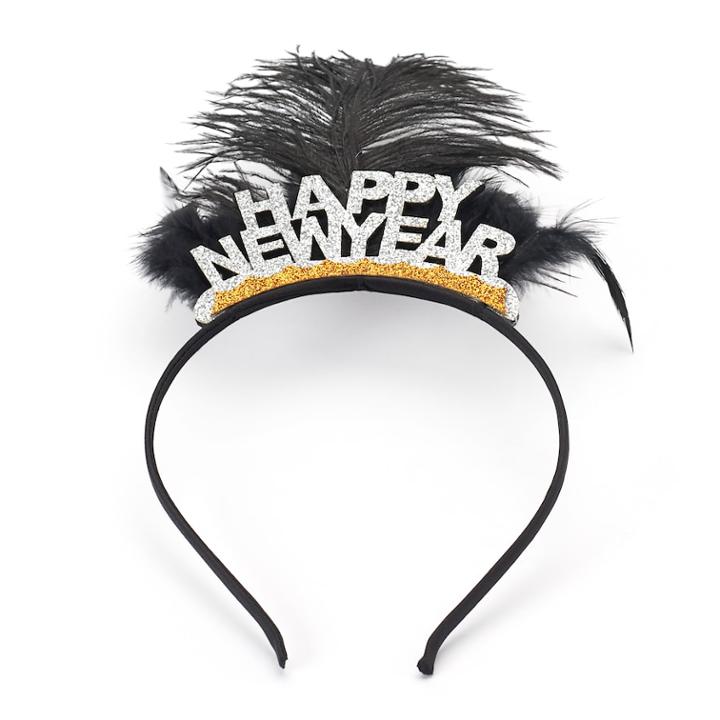 Glittery Happy New Year Feather Headband, Women's, Black