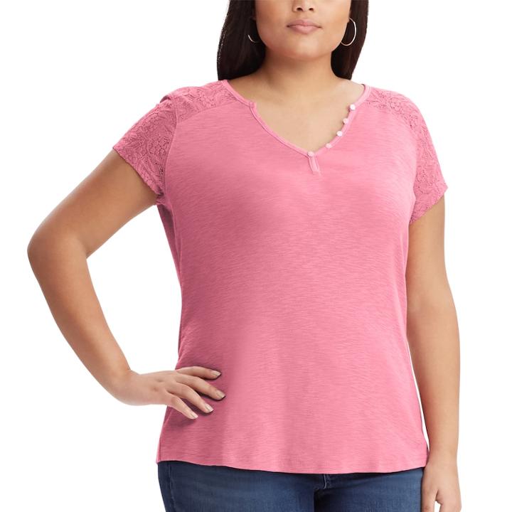 Plus Size Chaps Lace Sleeve Henley Tee, Women's, Size: 2xl, Pink