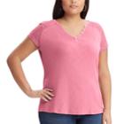Plus Size Chaps Lace Sleeve Henley Tee, Women's, Size: 2xl, Pink