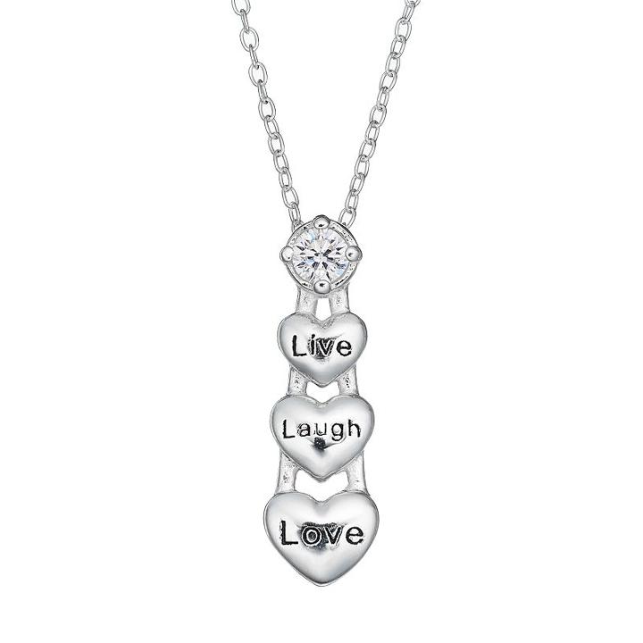 Cubic Zirconia Sterling Silver Live, Laugh, Love Triple Heart Pendant Necklace, Women's, Grey