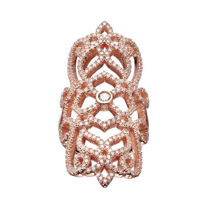 Cubic Zirconia Rose Gold Tone Sterling Silver Filigree Ring, Women's, Size: 8, White