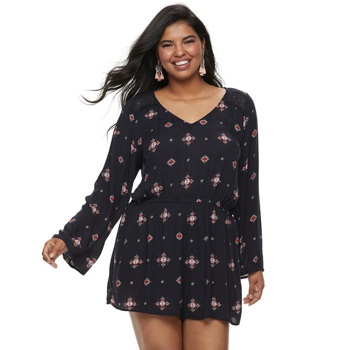 Juniors' Plus Size Mudd&reg; Lace Inset Bell Sleeve Romper, Teens, Size: 3xl, Drk Purple