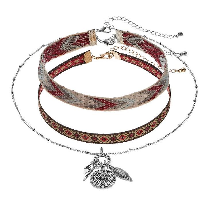 Mudd&reg; Embroidered Choker & Charm Cluster Necklace Set, Women's, Multicolor