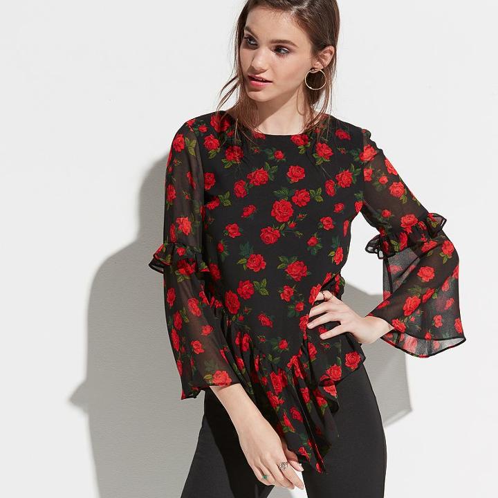 K/lab Floral Ruffle V-hem Top, Teens, Size: Small, Black