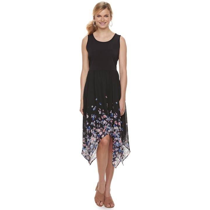 Women's Elle&trade; Print Handkerchief Hem Tank Dress, Size: Xl, Black