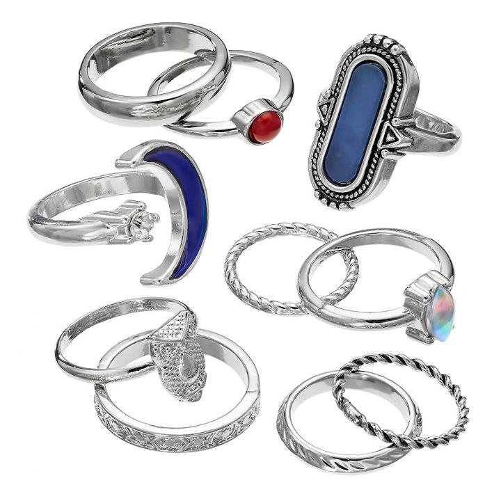 Mudd&reg; Textured, Owl & Moon Mood Ring Set, Women's, Size: 7, Multicolor