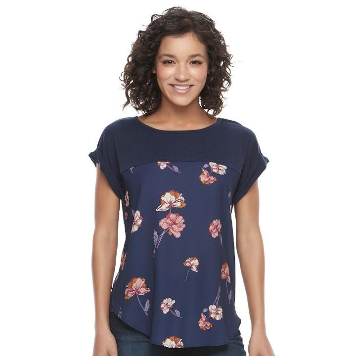 Juniors' Rewind Print Mixed Media Top, Teens, Size: Small, Blue