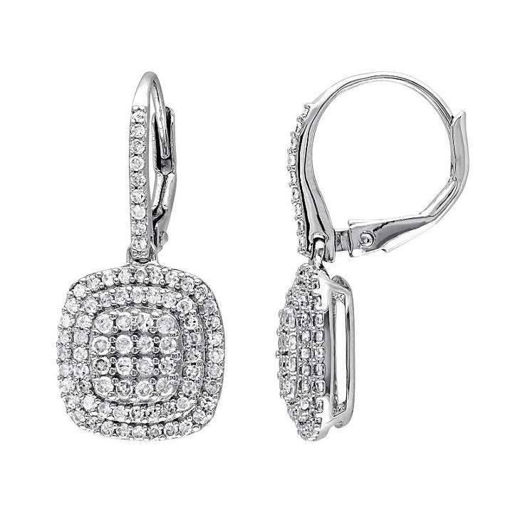 Sterling Silver 1 Carat T.w. Diamond Halo Drop Earrings, Women's, White